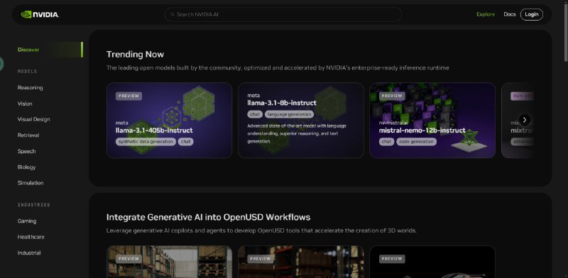 #AI #Nvidia #开源模型 #在线体验 #免费 #推荐推荐Nvidia（英伟达）提供的开源模型在线体验服务Nvidia提供的开源模型在线体验服务，可以在线体验开源模型的文字生成对话、文生图、图生视频功能，包括使用Llama 3.1 405B（Meta）、Mistral Nemo（Mistral AI）、Phi 3（Microsoft）、Gemma 2（Google）、Stable Video Diffusion（Stability AI）、Sdxl turbo（Stability AI）、Nemotron（Nvidia自研开源大模型）等开源大模型进行创作