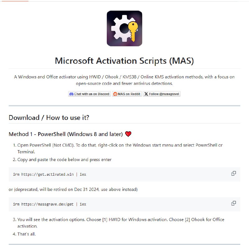 #Windows #Office #激活  #方法 #推荐Windows、Office下载、激活方法推荐1.耕读频道前面已经总结了Mac下载、安装、激活Office的方法、Windows系统及Office安装和激活的几种方法，这次分享的是 @massgravel 大佬开发、维护并开源的下载Windows系统及Office安装包的链接、激活Windows系统及Office的方法；其中，激活的方法，包括永久激活、激活到2038年、180天循环激活等方法